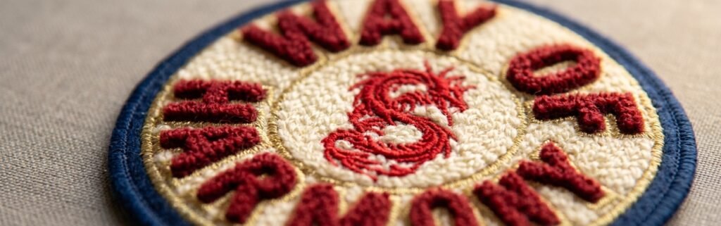Close-up of soft raised chenille badge patch texture