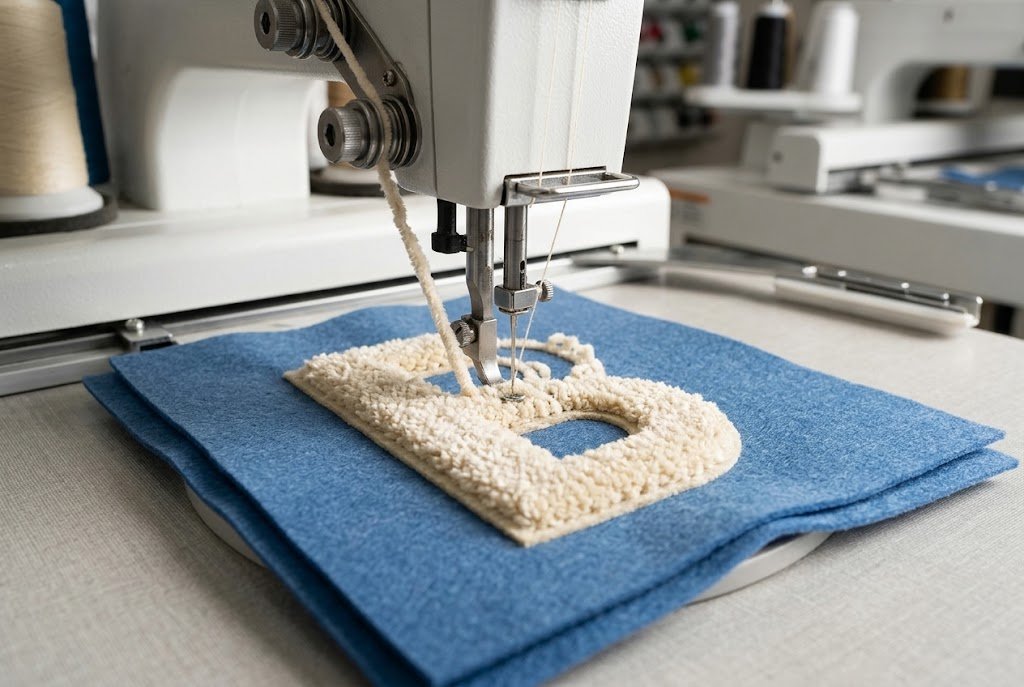 Chenille embroidery process creating a raised chenille patch