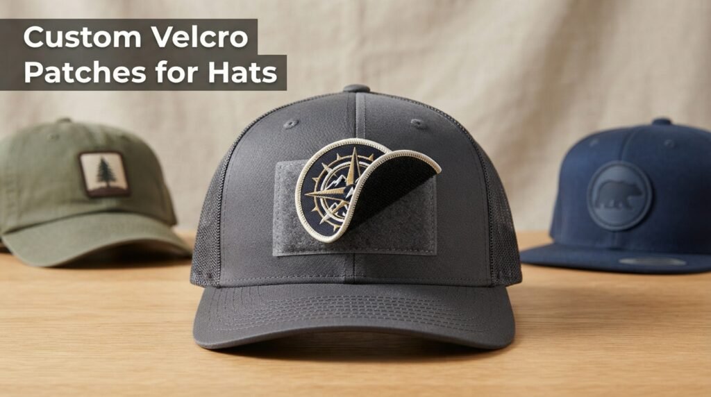 Custom Velcro patch being attached to a hat showing the hook and loop backing